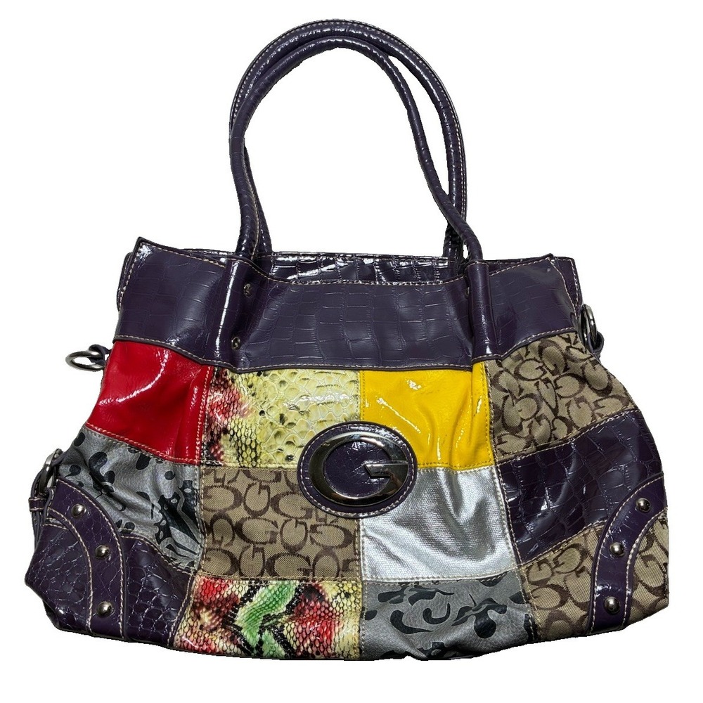 Y2K Patchwork Purse Purple Croc Snake Embossed G Jaquard Tote 16x11 *spot, strap